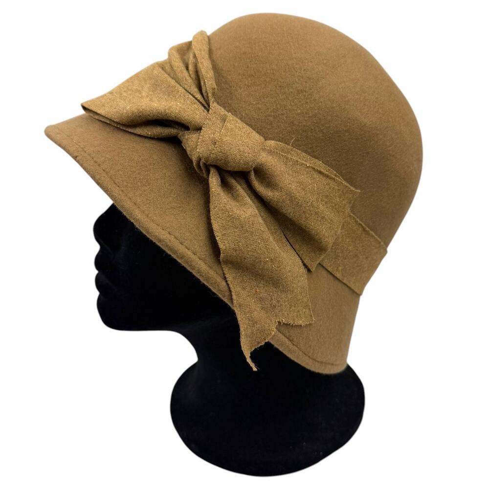 Vtg 90s Y2K Nordstrom Wool Cloche Hat Tan Camel Bow Preppy Heritage Dk Academia
